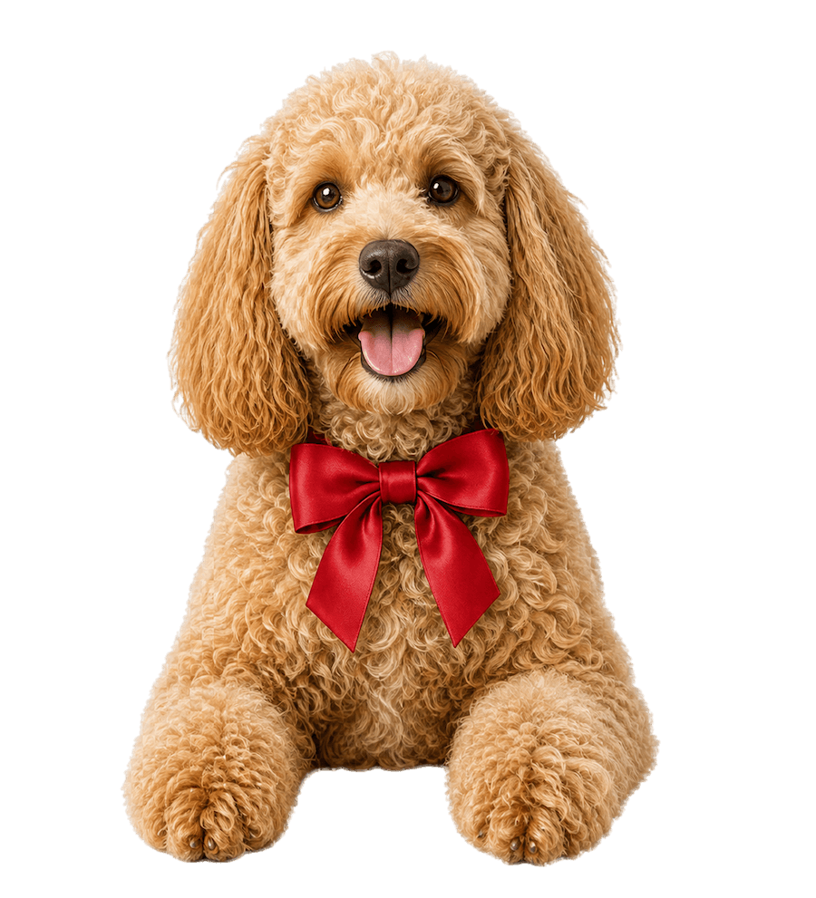A cream doodle wearing a red bow, resting her paws on the salon counter